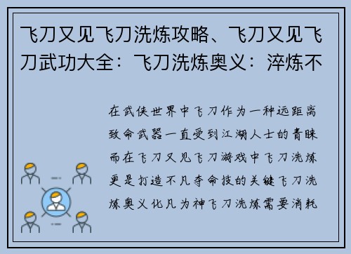 飞刀又见飞刀洗炼攻略、飞刀又见飞刀武功大全：飞刀洗炼奥义：淬炼不凡夺命技